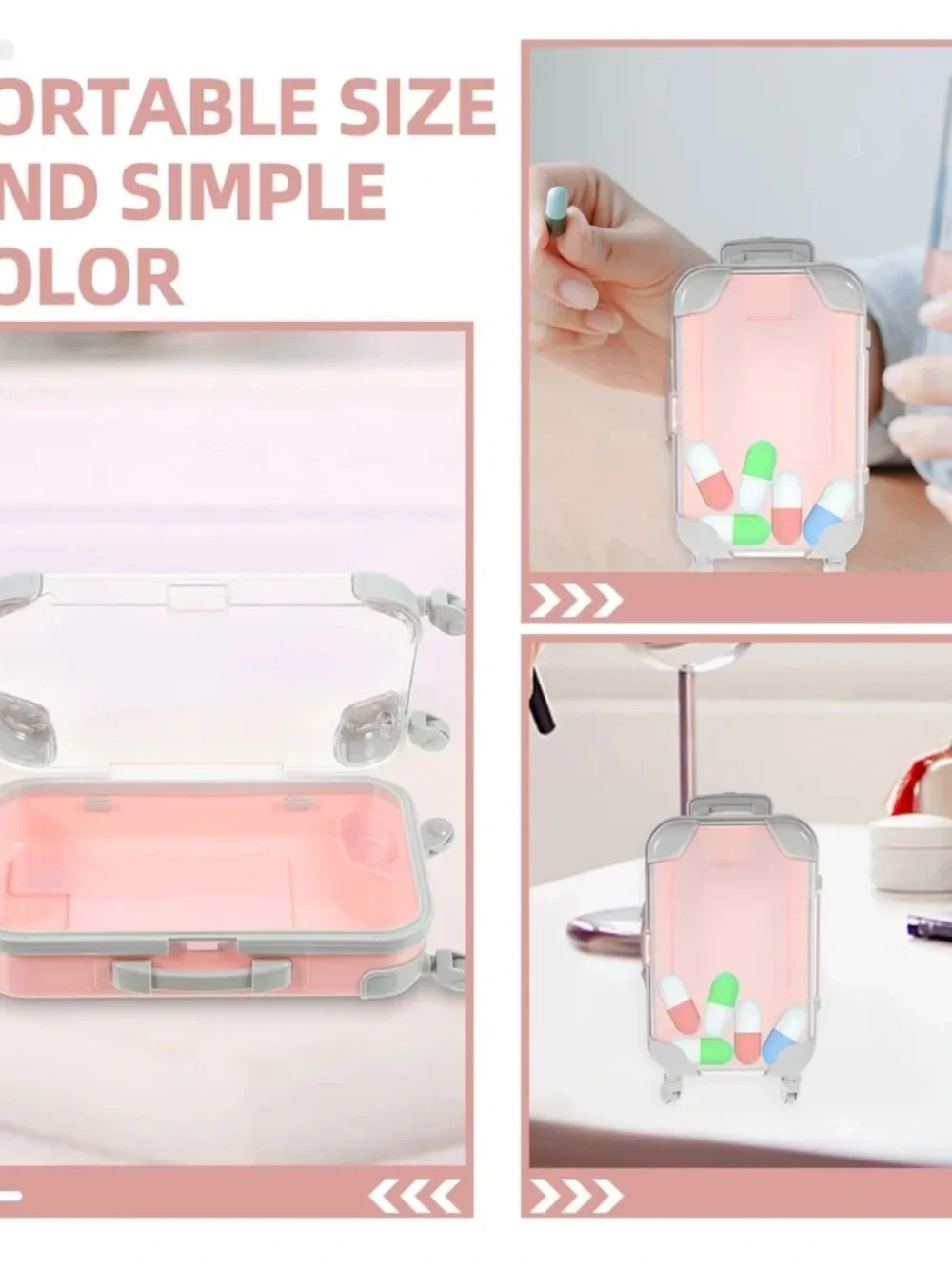 Pink Mini Suitcase Pill Organizer with Gray Trim